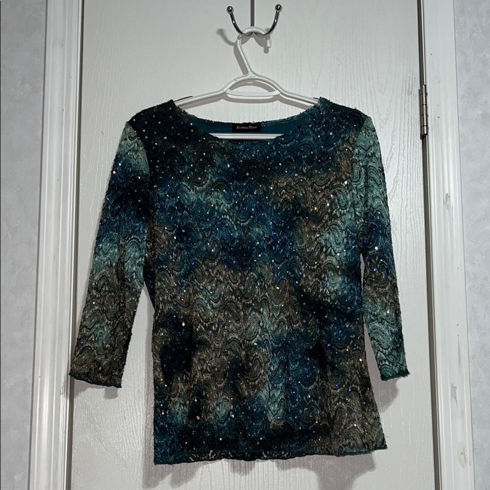 Brittany Black Green and Blue Sequin 3/4 Sleeve Blouse